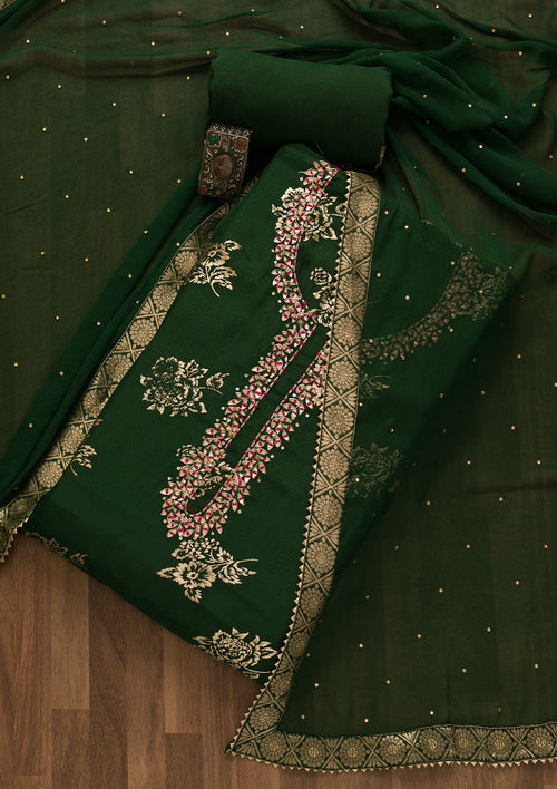 Bottle Green Gotapatti Organza Unstitched Salwar Suit