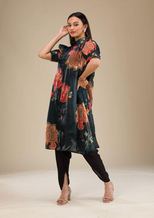 Bottle Green Printed Organza Readymade Salwar Suit