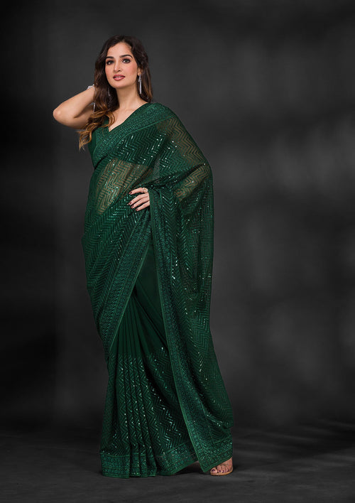 Bottle Green Sequins Georgette Designer Saree