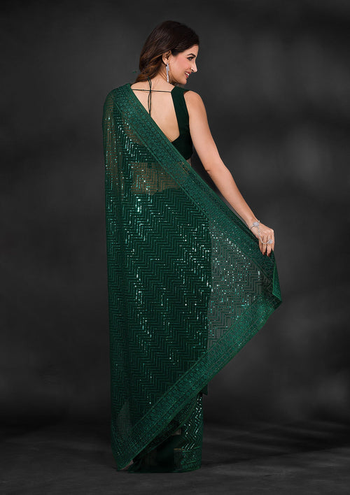 Bottle Green Sequins Georgette Designer Saree