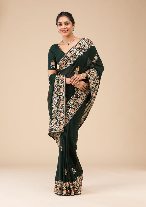 Bottle Green Sequins Georgette Saree