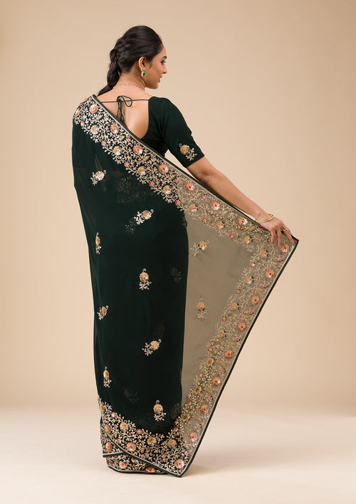 Bottle Green Sequins Georgette Saree
