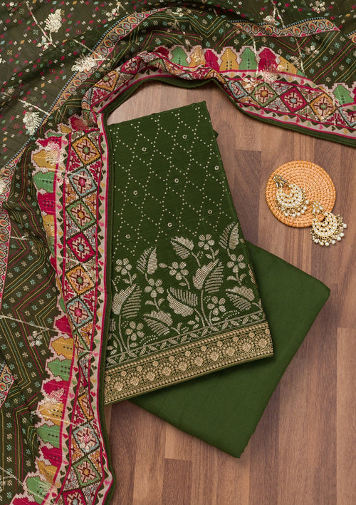 Bottle Green Sequins Semi Crepe Unstitched Salwar Suit