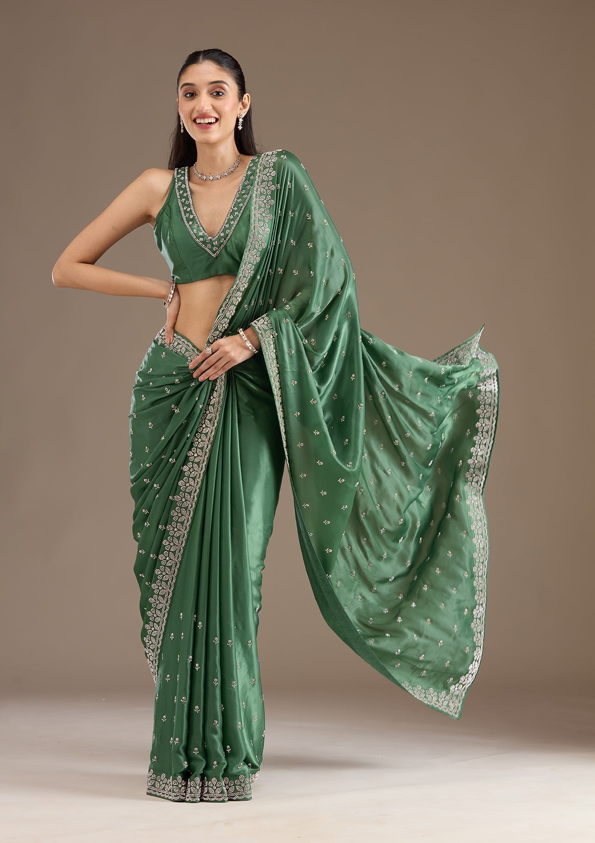 Bottle Green Stonework Satin Saree