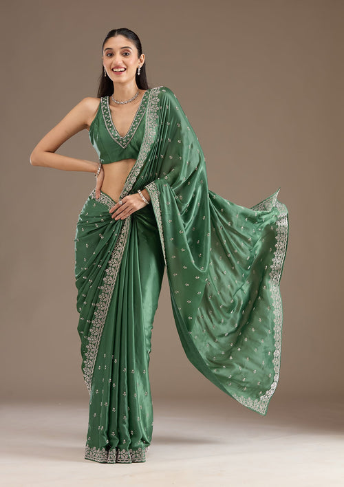 Bottle Green Stonework Satin Saree
