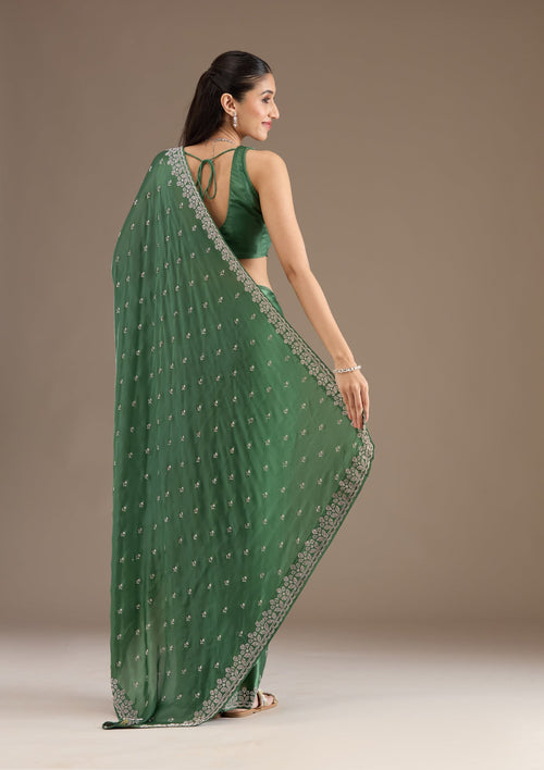 Bottle Green Stonework Satin Saree