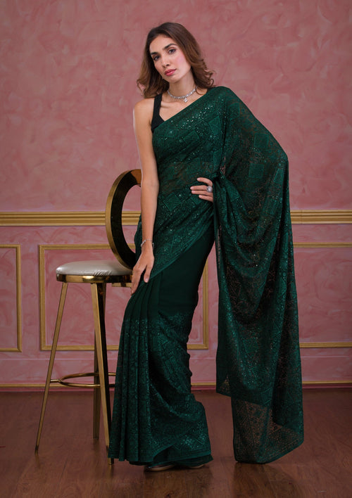 Bottle Green Swarovski Georgette Designer Saree