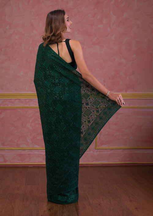 Bottle Green Swarovski Georgette Designer Saree