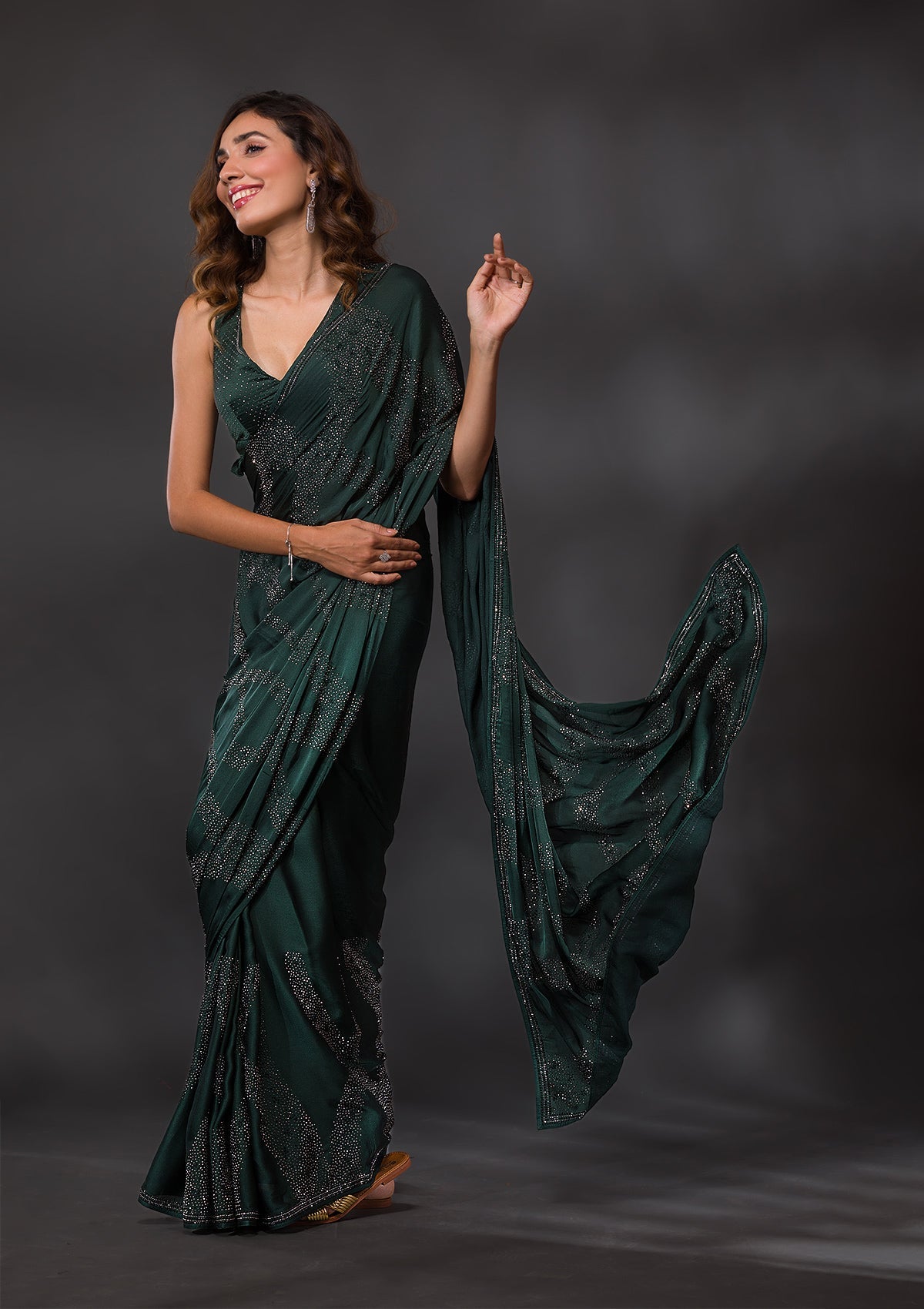 Bottle Green Swarovski Satin Saree