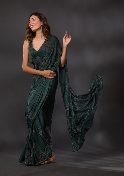 Bottle Green Swarovski Satin Saree