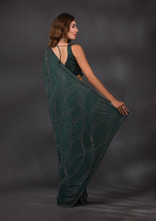 Bottle Green Swarovski Satin Saree