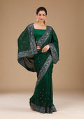 Bottle Green Zariwork (Silver) Soft Raw Silk Saree