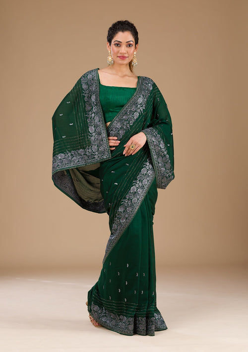 Bottle Green Zariwork (Silver) Soft Raw Silk Saree
