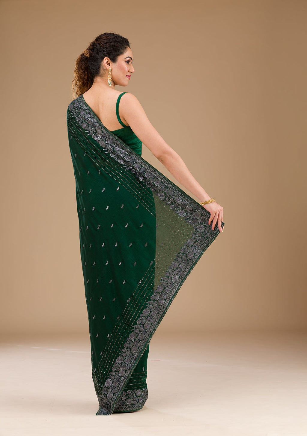 Bottle Green Zariwork (Silver) Soft Raw Silk Saree
