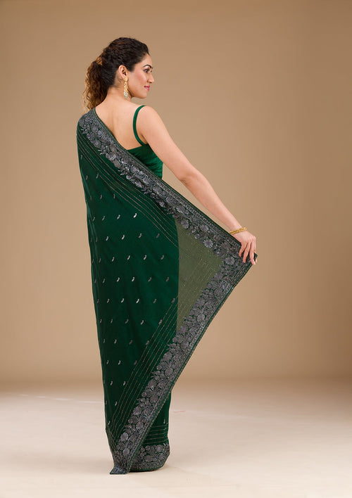 Bottle Green Zariwork (Silver) Soft Raw Silk Saree