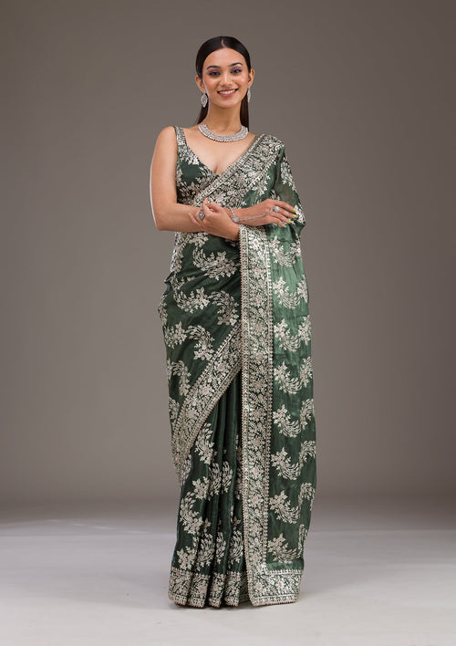 Bottle Green Threadwork Tissue Saree