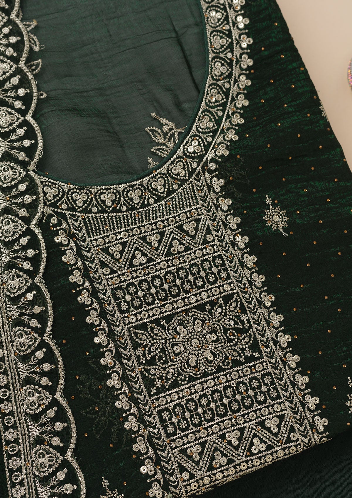 Bottle Green Zariwork Art Silk Unstitched Salwar Suit