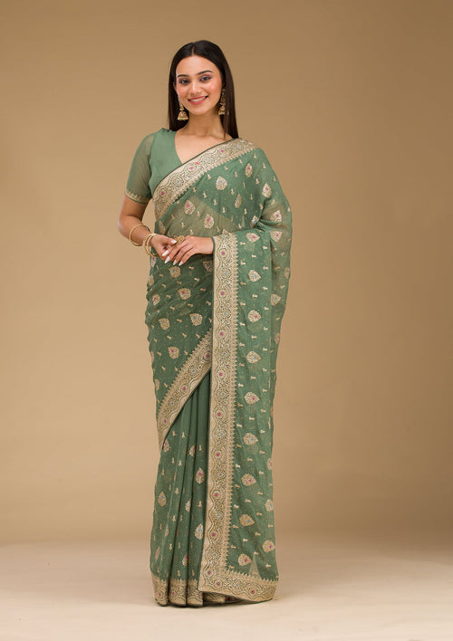 Bottle Green Zariwork Chiffon Saree