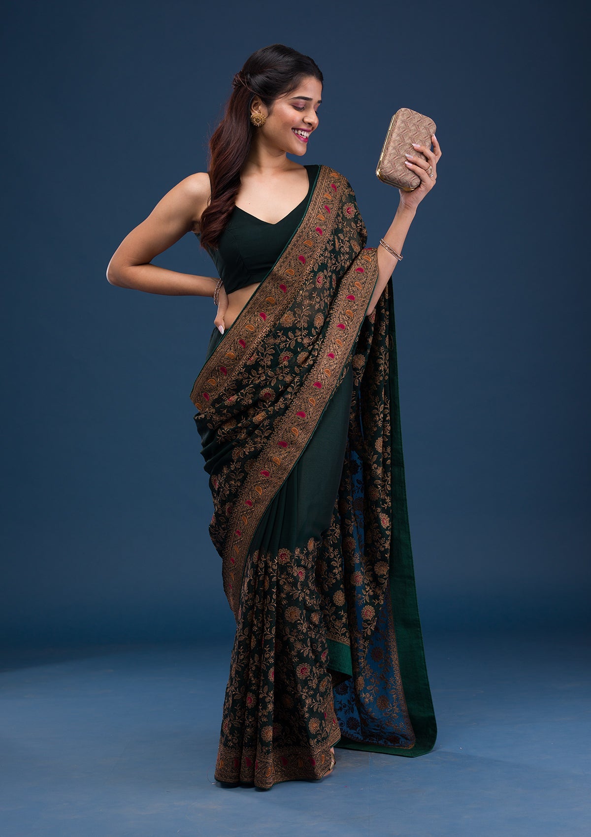 Bottle Green Zariwork Georgette Saree