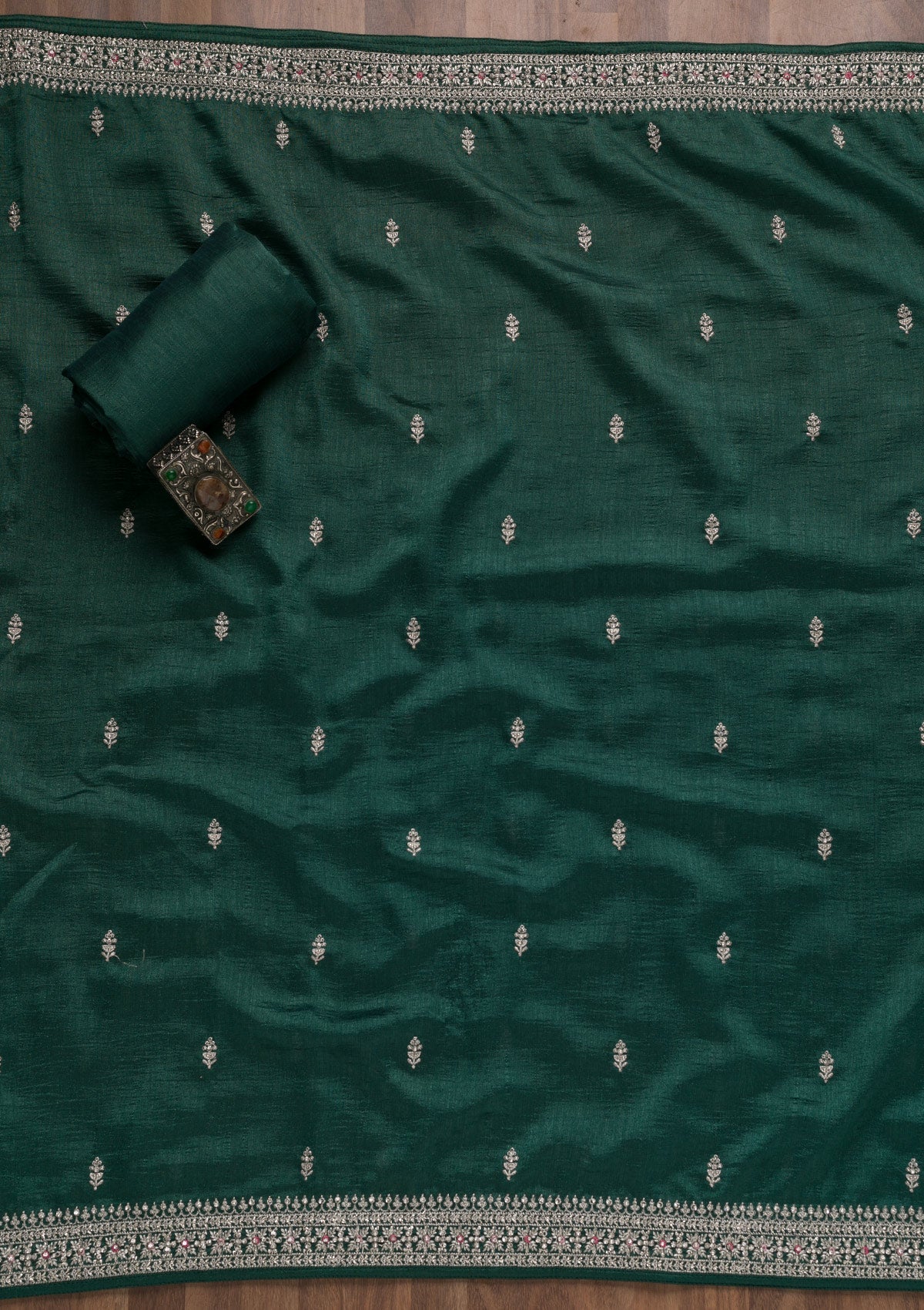 Bottle Green Zariwork Raw Silk Unstitched Salwar Suit