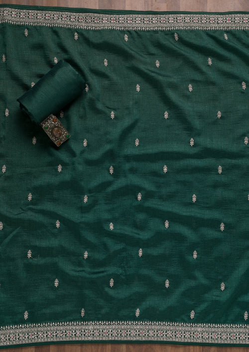 Bottle Green Zariwork Raw Silk Unstitched Salwar Suit