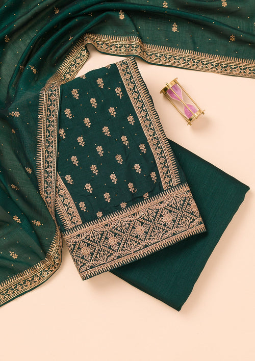 Bottle Green Zariwork Raw Silk Unstitched Salwar Suit