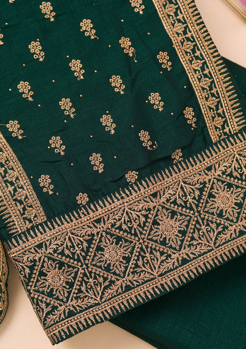 Bottle Green Zariwork Raw Silk Unstitched Salwar Suit
