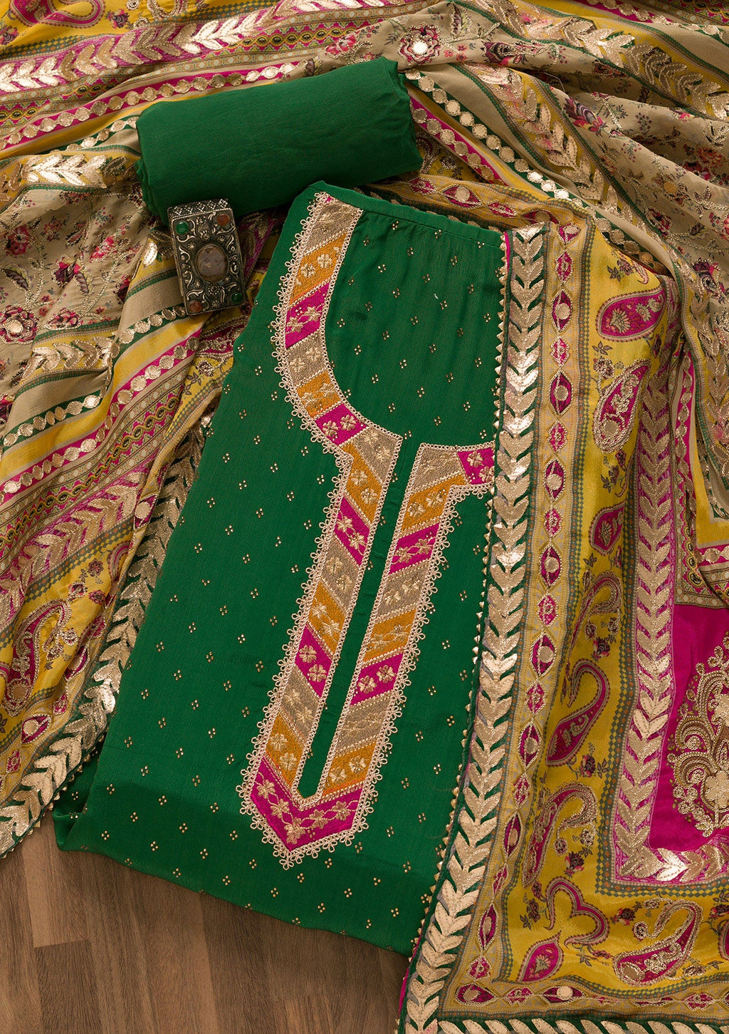 Bottle Green Zariwork Semi Crepe Unstitched Salwar Suit