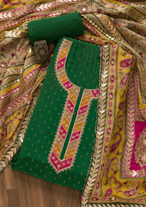 Bottle Green Zariwork Semi Crepe Unstitched Salwar Suit