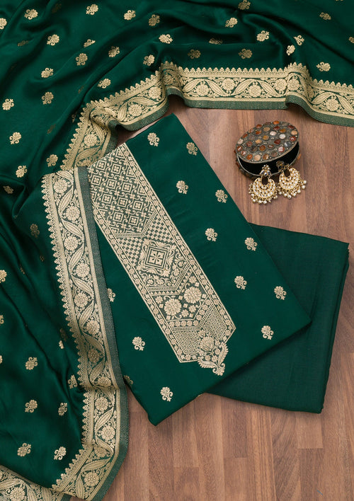 Bottle Green Zariwork Semi Crepe Unstitched Salwar Suit