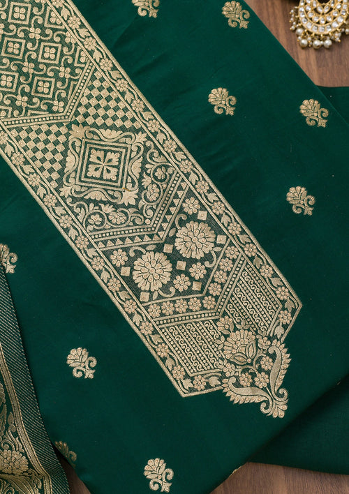 Bottle Green Zariwork Semi Crepe Unstitched Salwar Suit
