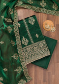 Bottle Green Zariwork Semi Crepe Unstitched Salwar Suit