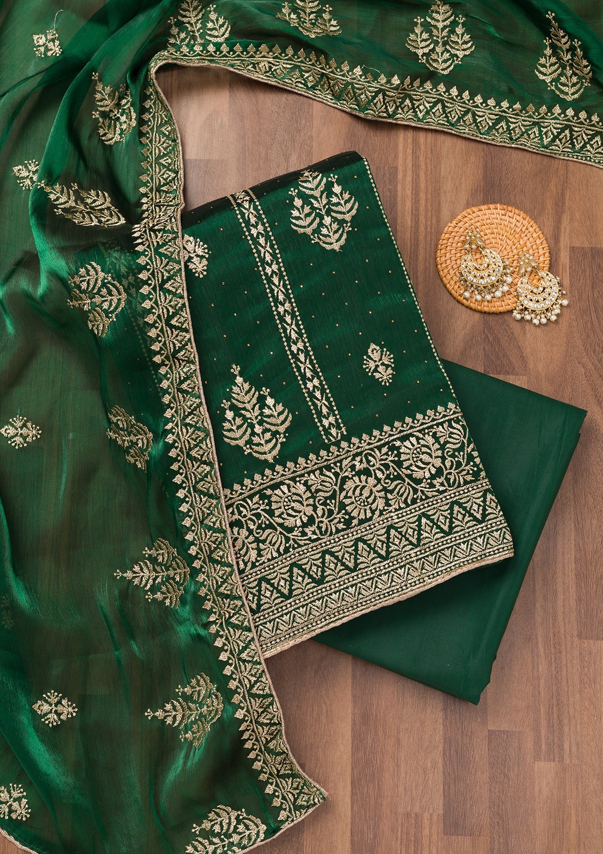 Bottle Green Zariwork Semi Crepe Unstitched Salwar Suit