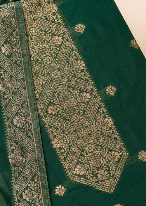 Bottle Green Zariwork Soft Silk Unstitched Salwar Suit