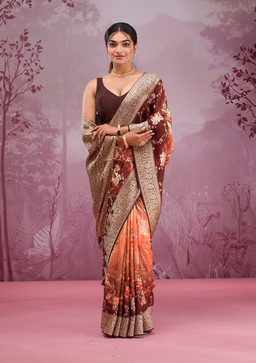 Brown Zariwork (Gold) Silk Saree
