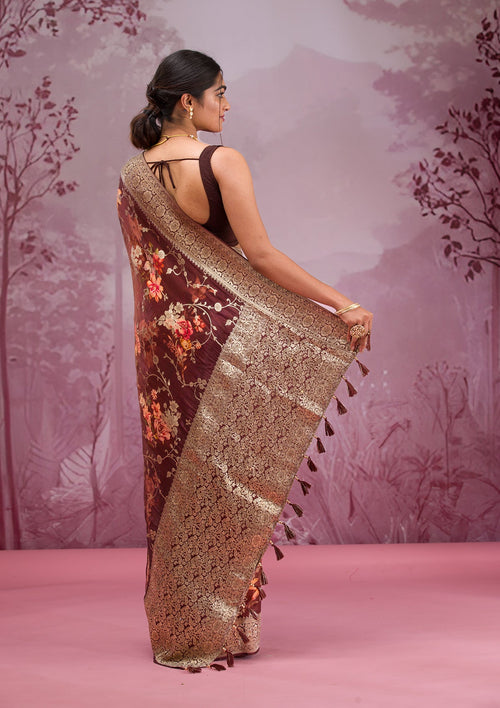 Brown Zariwork (Gold) Silk Saree