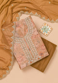 Brown Printed Organza Unstitched Salwar Suit