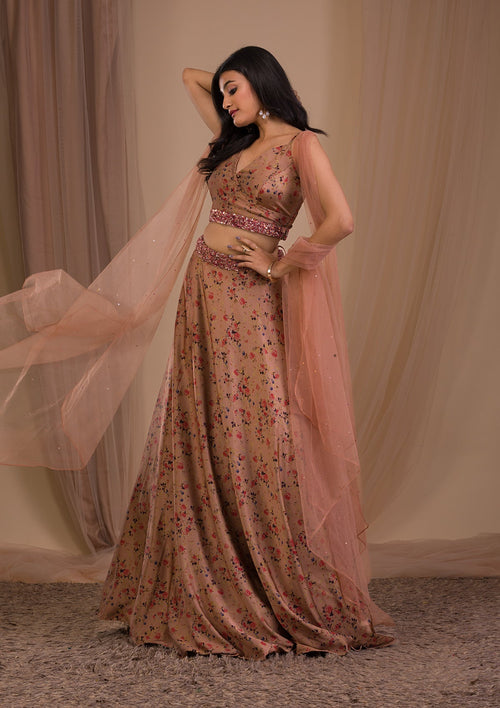 Brown Printed Satin Readymade Lehenga