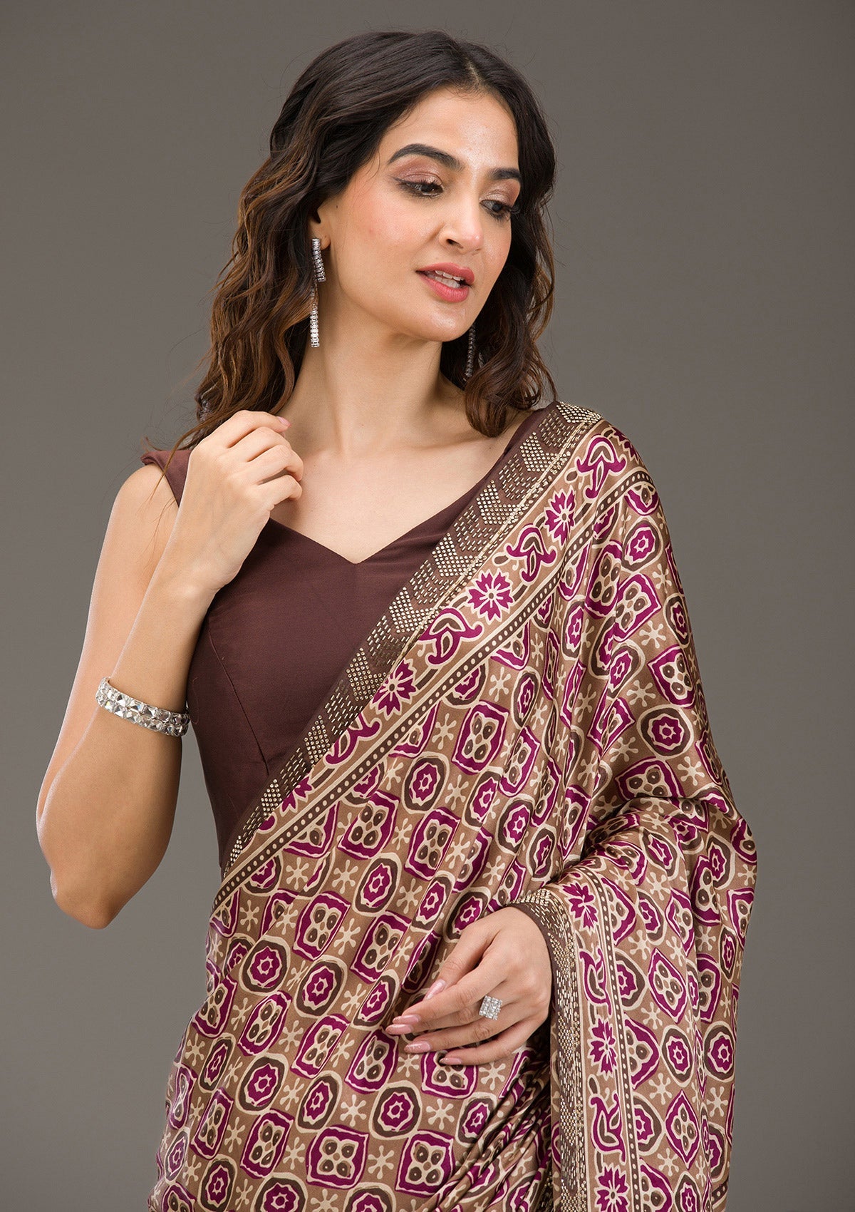 Brown Cutdana Satin Saree