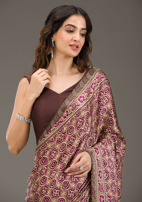Brown Cutdana Satin Saree