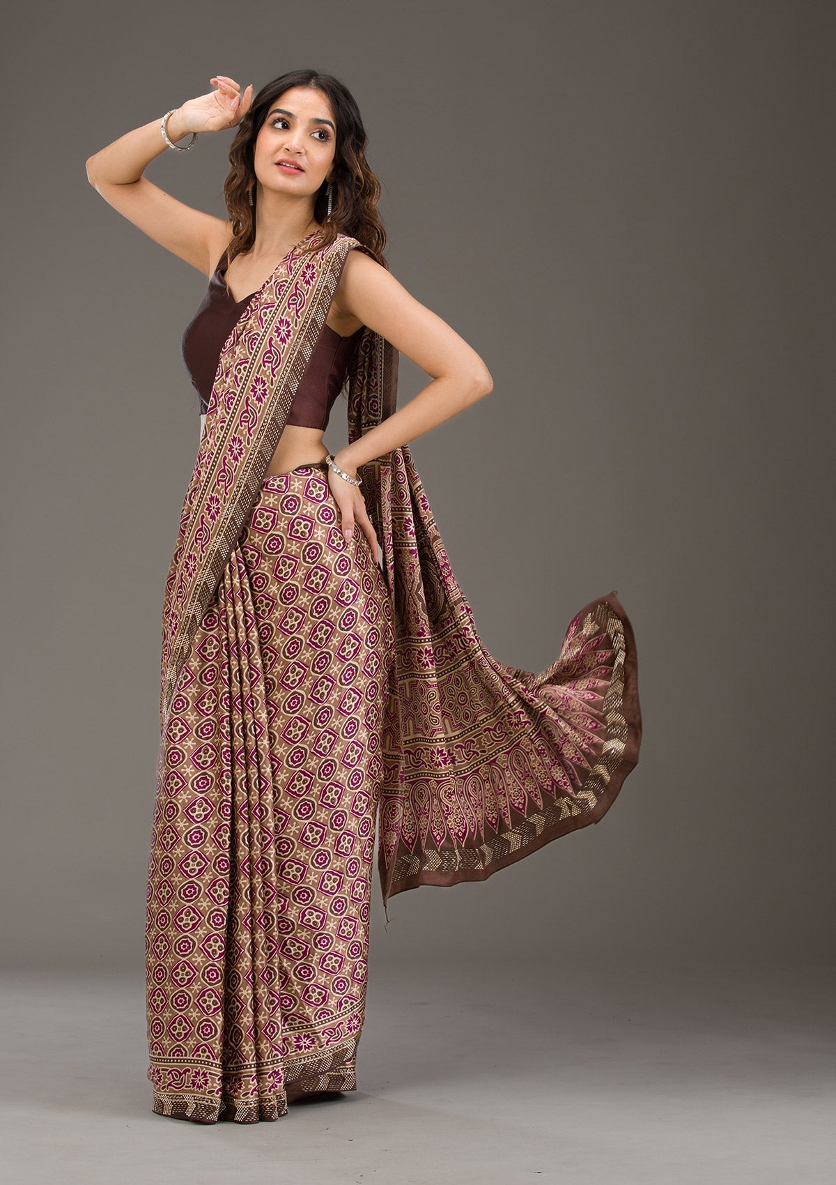 Brown Cutdana Satin Saree