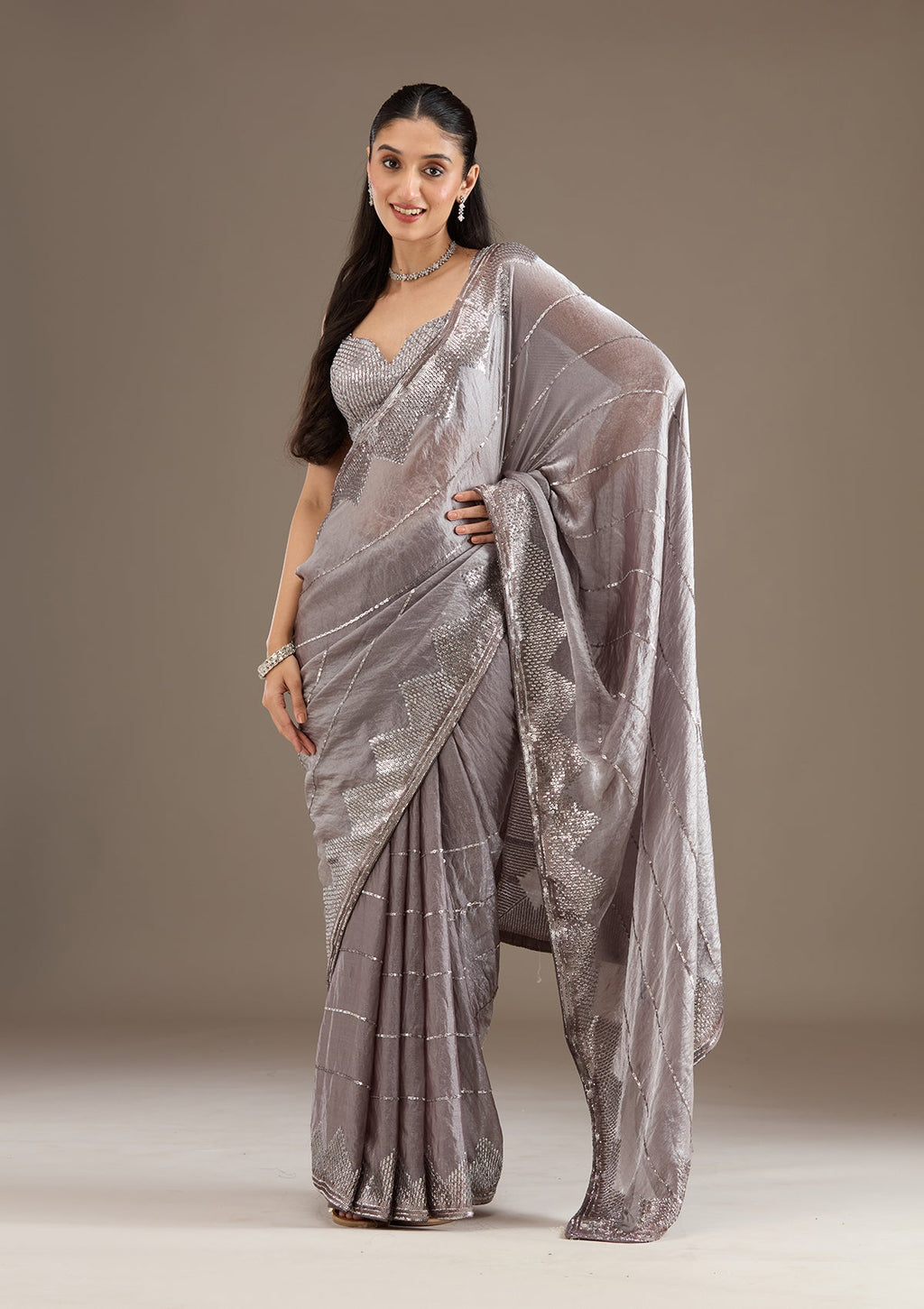 Brown Sequins Tissue Saree