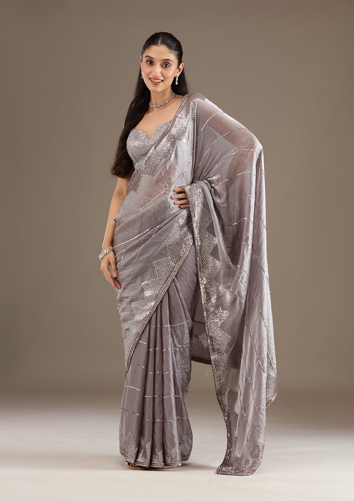 Brown Sequins Tissue Saree