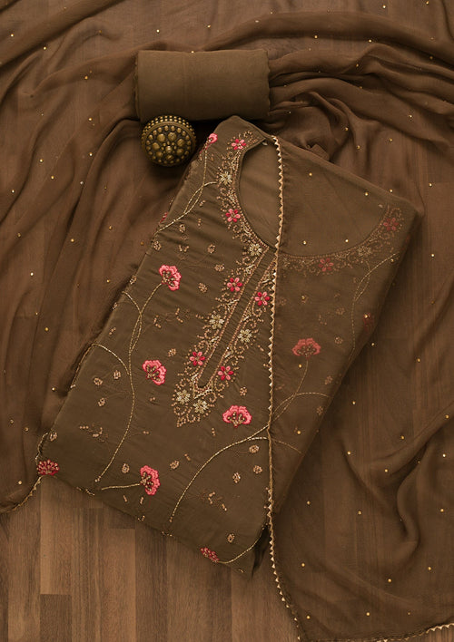Brown Stonework Crepe Unstitched Salwar Suit