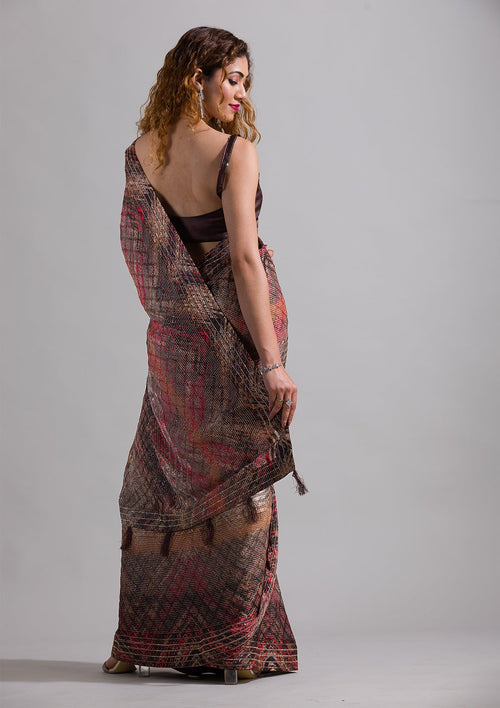 Brown Swarovski Semi Crepe Saree