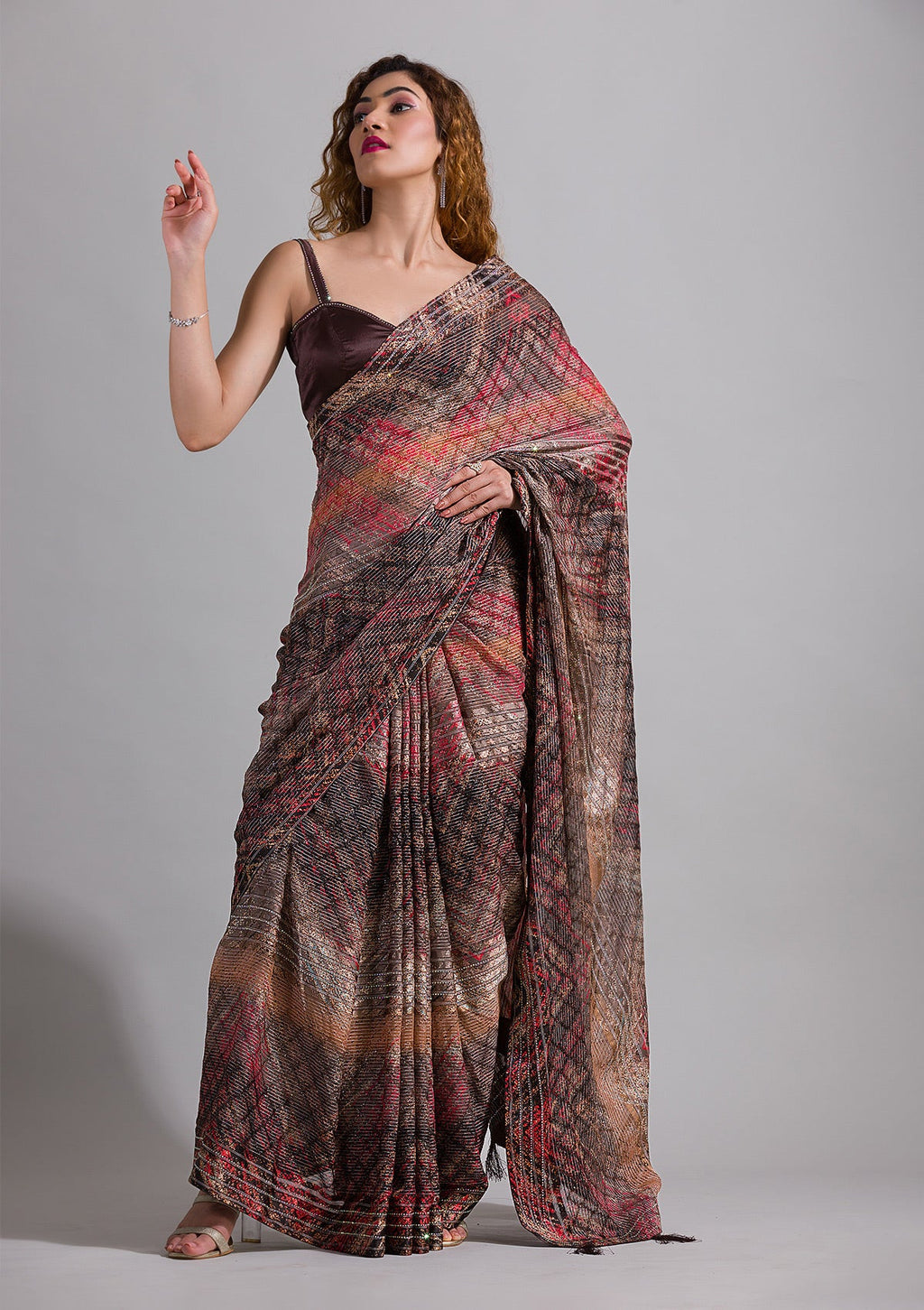 Brown Swarovski Semi Crepe Saree