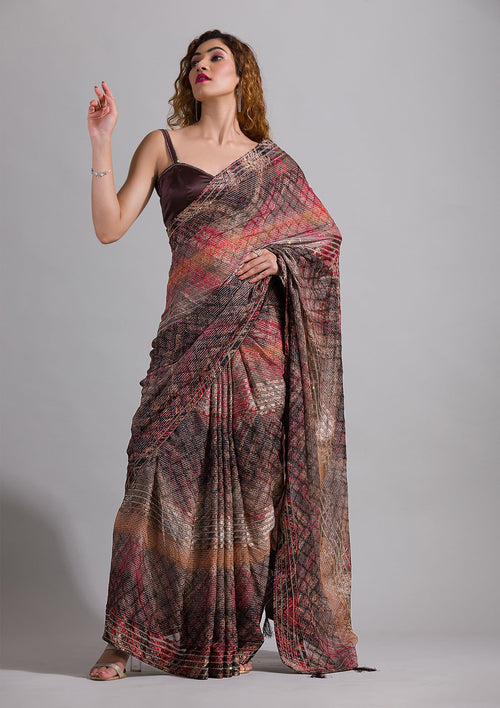 Brown Swarovski Semi Crepe Saree