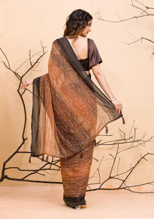 Brown Glitter Satin Saree