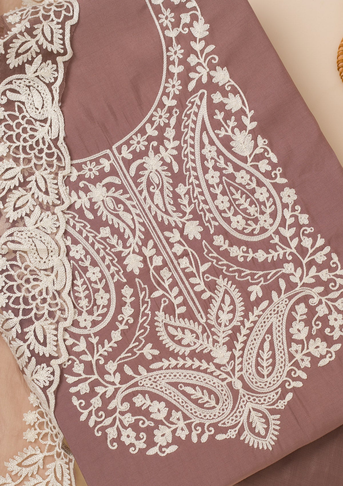 Brown Threadwork Semi Crepe Unstitched Salwar Suit
