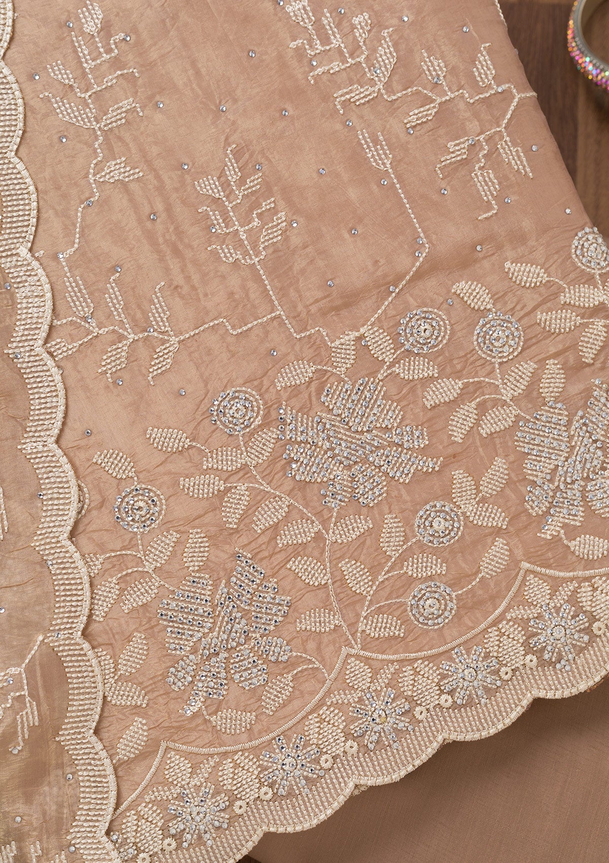 Brown Threadwork Shimmer Unstitched Salwar Suit